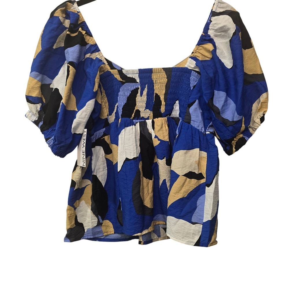 Nine West M Blue Abstract Smocked Puff Sleeve Blouse Cottagecore Boho Chic Top